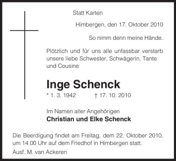 Traueranzeige von Inge Schenck von ALLGEMEINE ZEITUNG UELZEN