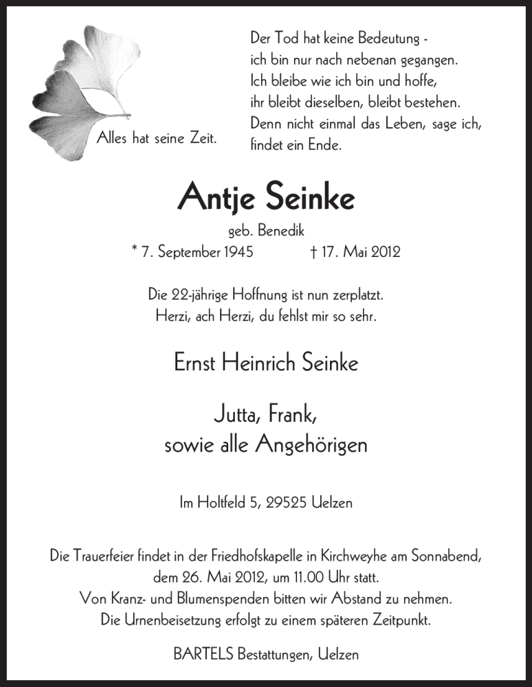  Traueranzeige für Antje Seinke vom 22.05.2012 aus ALLGEMEINE ZEITUNG UELZEN