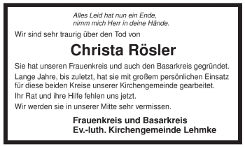 Traueranzeige von Christa Rösler von ALLGEMEINE ZEITUNG UELZEN