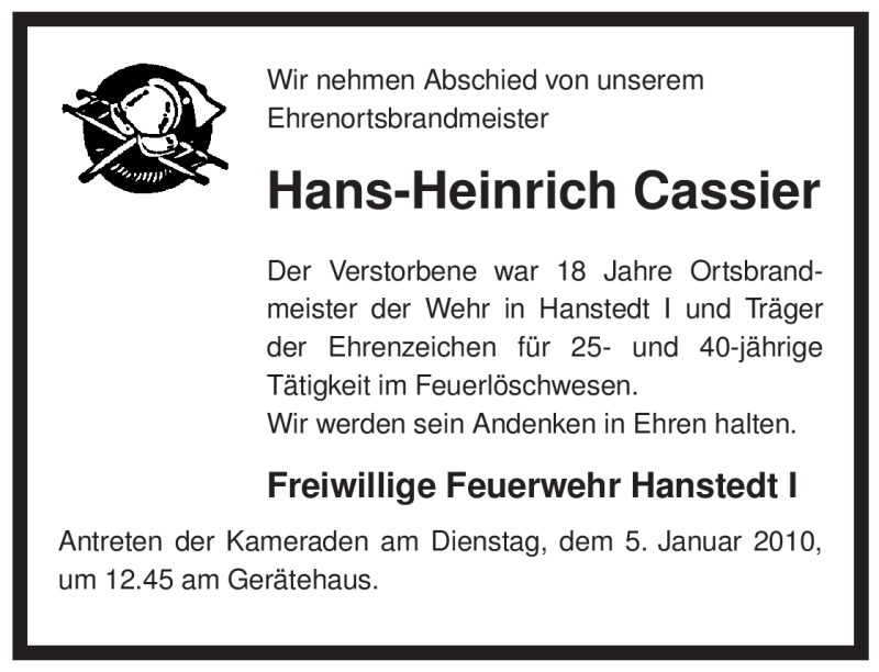  Traueranzeige für Hans-Heinrich Cassier vom 02.01.2010 aus ALLGEMEINE ZEITUNG UELZEN