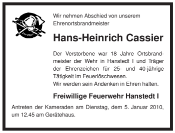 Traueranzeige von Hans-Heinrich Cassier von ALLGEMEINE ZEITUNG UELZEN