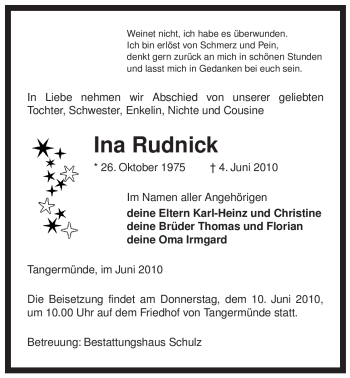 Traueranzeige von Ina Rudnick von ALLGEMEINE ZEITUNG UELZEN