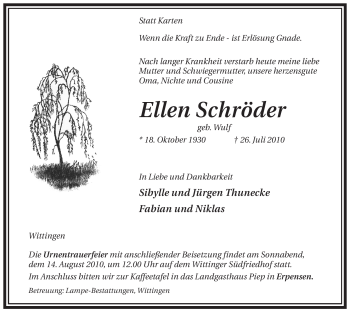 Traueranzeige von Ellen Schröder von ALLGEMEINE ZEITUNG UELZEN