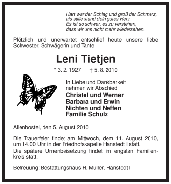 Traueranzeige von Leni Tietjen von ALLGEMEINE ZEITUNG UELZEN