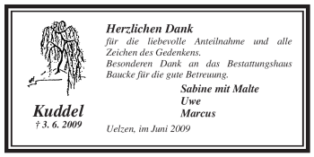 Traueranzeige von Kuddel Unbekannt von ALLGEMEINE ZEITUNG UELZEN