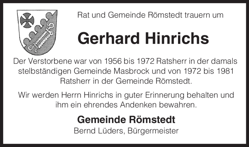  Traueranzeige für Gerhard Hinrichs vom 21.12.2010 aus ALLGEMEINE ZEITUNG UELZEN