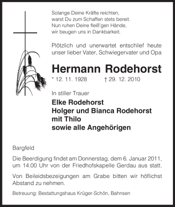 Traueranzeige von Hermann Rodehorst, von ALLGEMEINE ZEITUNG UELZEN