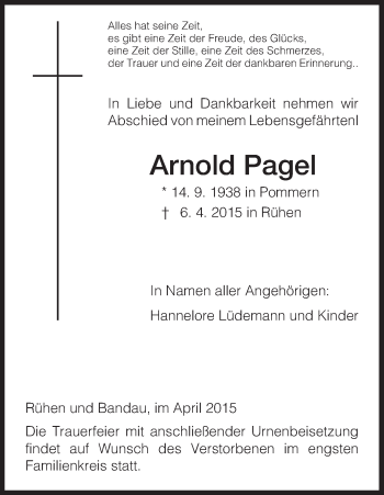 Traueranzeige von Arnold Pagel von Uelzen