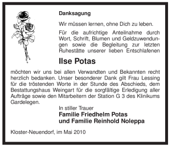 Traueranzeige von Ilse Potas von ALLGEMEINE ZEITUNG UELZEN