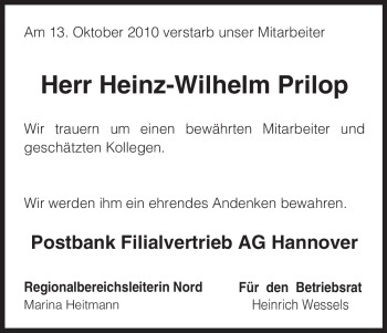 Traueranzeige von Heinz-Wilhelm Prilop von ALLGEMEINE ZEITUNG UELZEN