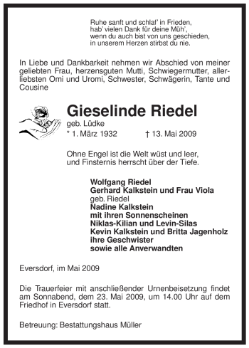 Traueranzeige von Gieselinde Riedel von ALLGEMEINE ZEITUNG UELZEN