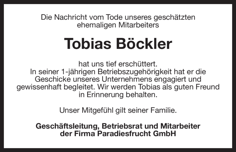  Traueranzeige für Tobias Böckler vom 17.04.2012 aus ALLGEMEINE ZEITUNG UELZEN