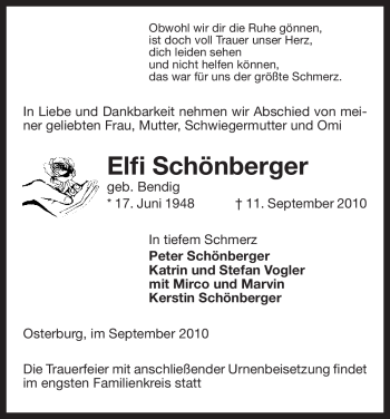 Traueranzeige von Elfi Schönberger von ALLGEMEINE ZEITUNG UELZEN