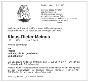 Traueranzeige von Klaus-Dieter Meinus von ALLGEMEINE ZEITUNG UELZEN