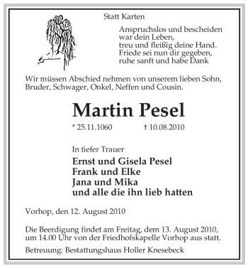 Traueranzeige von Martin Pesel von ALLGEMEINE ZEITUNG UELZEN