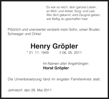 Traueranzeige von Henry Gröpler von ALLGEMEINE ZEITUNG UELZEN