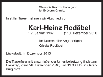 Traueranzeige von Karl-Heinz Rodäbel von ALLGEMEINE ZEITUNG UELZEN