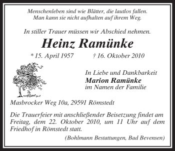 Traueranzeige von Heinz Ramünke von ALLGEMEINE ZEITUNG UELZEN