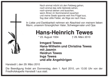 Traueranzeige von Hans-Heinrich Tewes von ALLGEMEINE ZEITUNG UELZEN