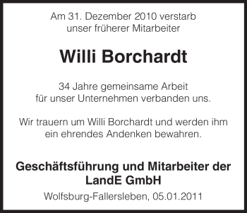 Traueranzeige von Willi Borchardt von ALLGEMEINE ZEITUNG UELZEN