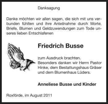 Traueranzeige von Friedrich Busse von ALLGEMEINE ZEITUNG UELZEN