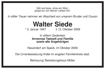 Traueranzeige von Walter Siede von ALLGEMEINE ZEITUNG UELZEN