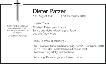 Traueranzeige von Dieter Patzer von ALLGEMEINE ZEITUNG UELZEN