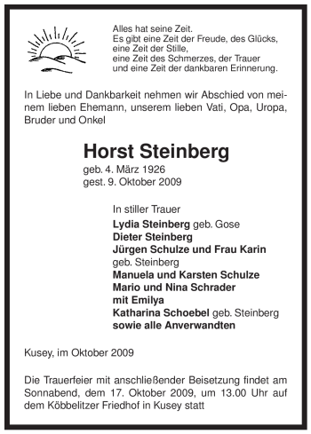 Traueranzeige von Horst Steinberg von ALLGEMEINE ZEITUNG UELZEN