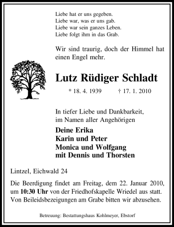 Traueranzeige von Lutz Rüdiger Schladt von ALLGEMEINE ZEITUNG UELZEN