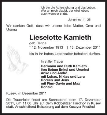 Traueranzeige von Lieselotte Kamieth von ALLGEMEINE ZEITUNG UELZEN