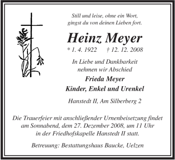 Traueranzeige von Heinz Meyer von ALLGEMEINE ZEITUNG UELZEN