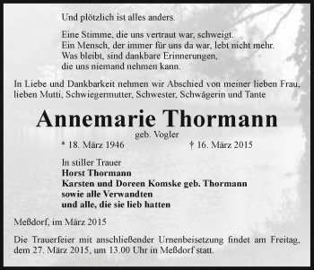 Traueranzeige von Annemarie Thormann von Uelzen