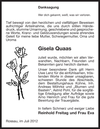 Traueranzeige von Gisela Quaas von ALLGEMEINE ZEITUNG UELZEN