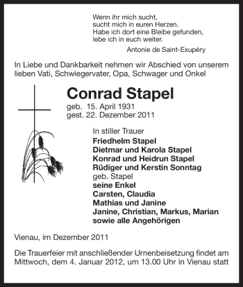 Traueranzeige von Conrad Stapel von ALLGEMEINE ZEITUNG UELZEN