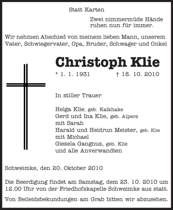 Traueranzeige von Christoph Klie von ALLGEMEINE ZEITUNG UELZEN