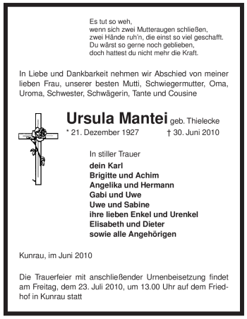 Traueranzeige von Ursula Mantei von ALLGEMEINE ZEITUNG UELZEN