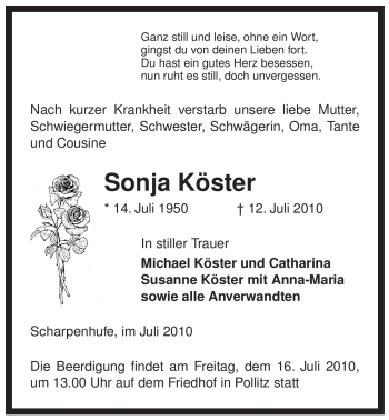 Traueranzeige von Sonja Köster von ALLGEMEINE ZEITUNG UELZEN