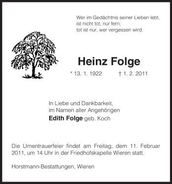 Traueranzeige von Heinz Folge von ALLGEMEINE ZEITUNG UELZEN