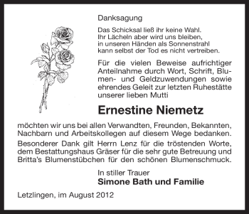 Traueranzeige von Ernestine Niemetz von ALLGEMEINE ZEITUNG UELZEN
