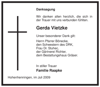 Traueranzeige von Gerda Vietzke von ALLGEMEINE ZEITUNG UELZEN