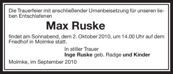 Traueranzeige von Max Ruske von ALLGEMEINE ZEITUNG UELZEN