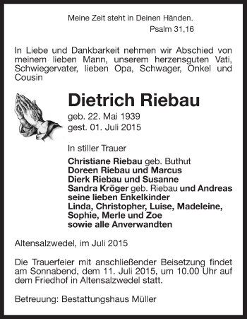 Traueranzeige von Dietrich Riebau von Uelzen