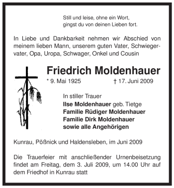 Traueranzeige von Friedrich Moldenhauer von ALLGEMEINE ZEITUNG UELZEN