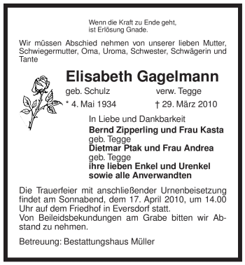 Traueranzeige von Elisabeth Gagelmann von ALLGEMEINE ZEITUNG UELZEN