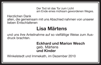 Traueranzeige von Lisa Märtens von ALLGEMEINE ZEITUNG UELZEN