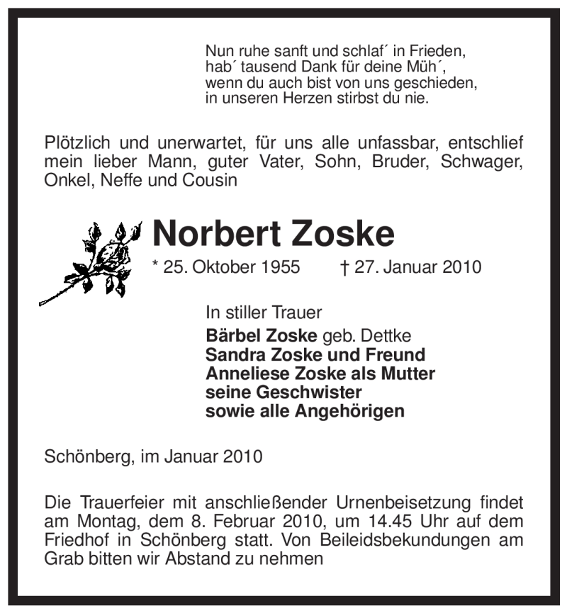  Traueranzeige für Norbert Zoske vom 05.02.2010 aus ALLGEMEINE ZEITUNG UELZEN