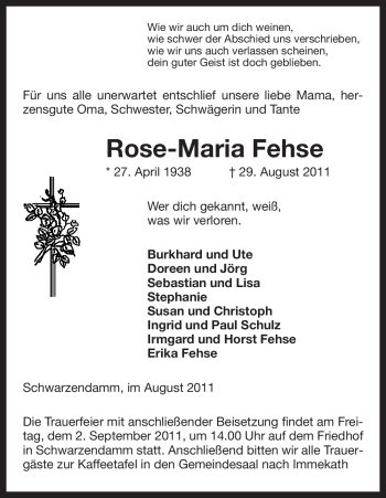 Traueranzeige von Rose-Maria Fehse von ALLGEMEINE ZEITUNG UELZEN