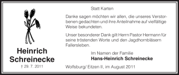 Traueranzeige von Heinrich Schreinecke von ALLGEMEINE ZEITUNG UELZEN