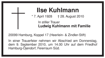 Traueranzeige von Ilse Kuhlmann von ALLGEMEINE ZEITUNG UELZEN