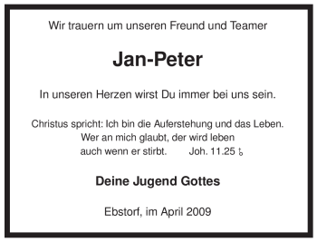 Traueranzeige von Jan-Peter Unbekannt von ALLGEMEINE ZEITUNG UELZEN